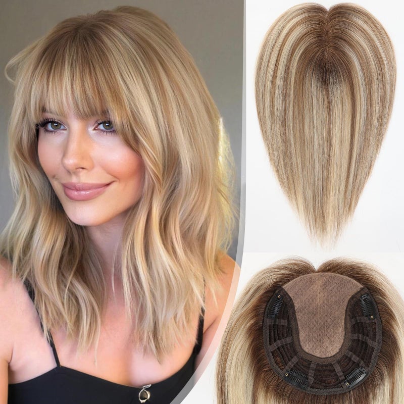 starluck Hair Toppers for Women Real HumanHair 77 Large Base ombre Blonde mix Brown with Bangs 100 Real Human Hair Toppers for Women with ThinningHair Cover Gray Roots